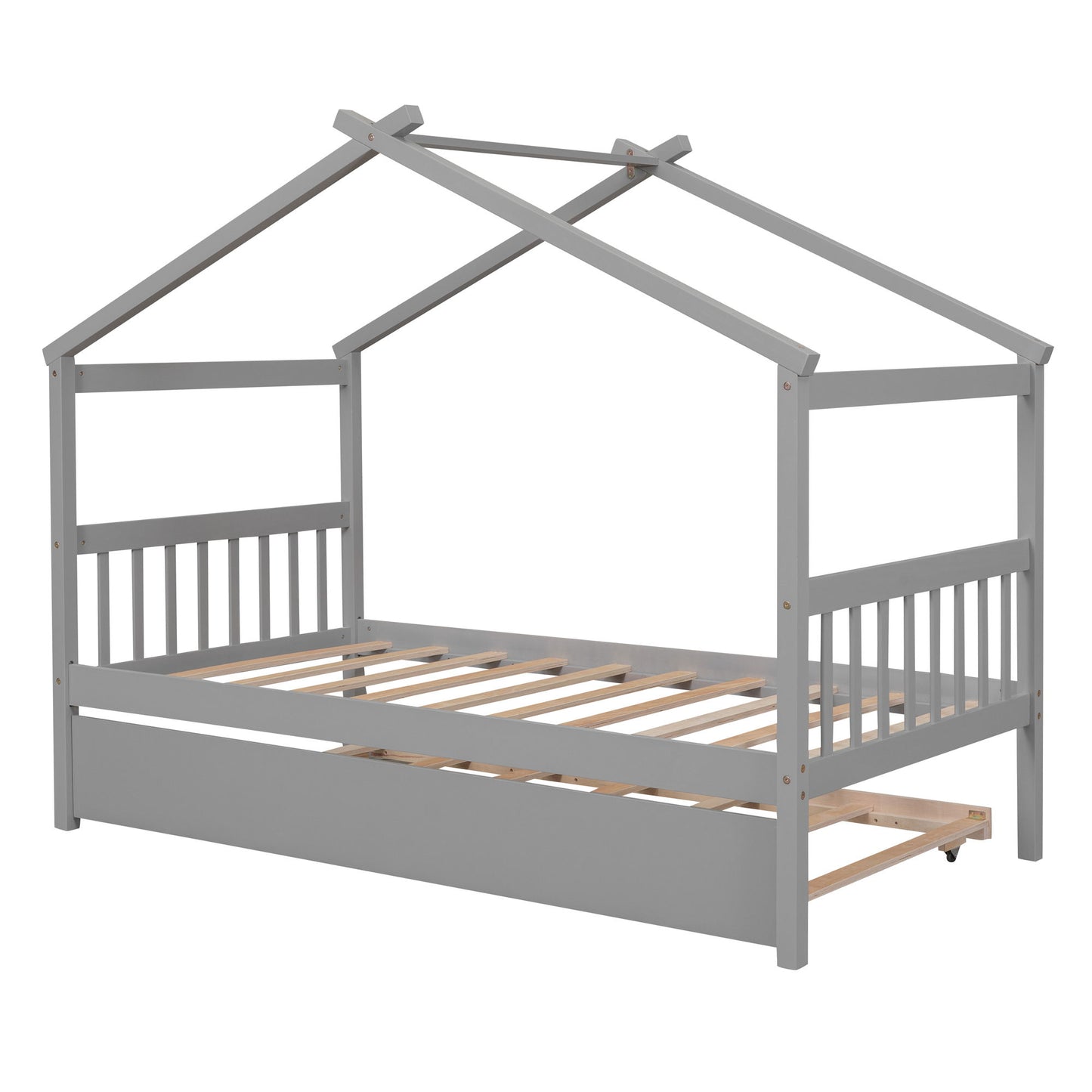 Wooden House Bed With Twin Size Trundle