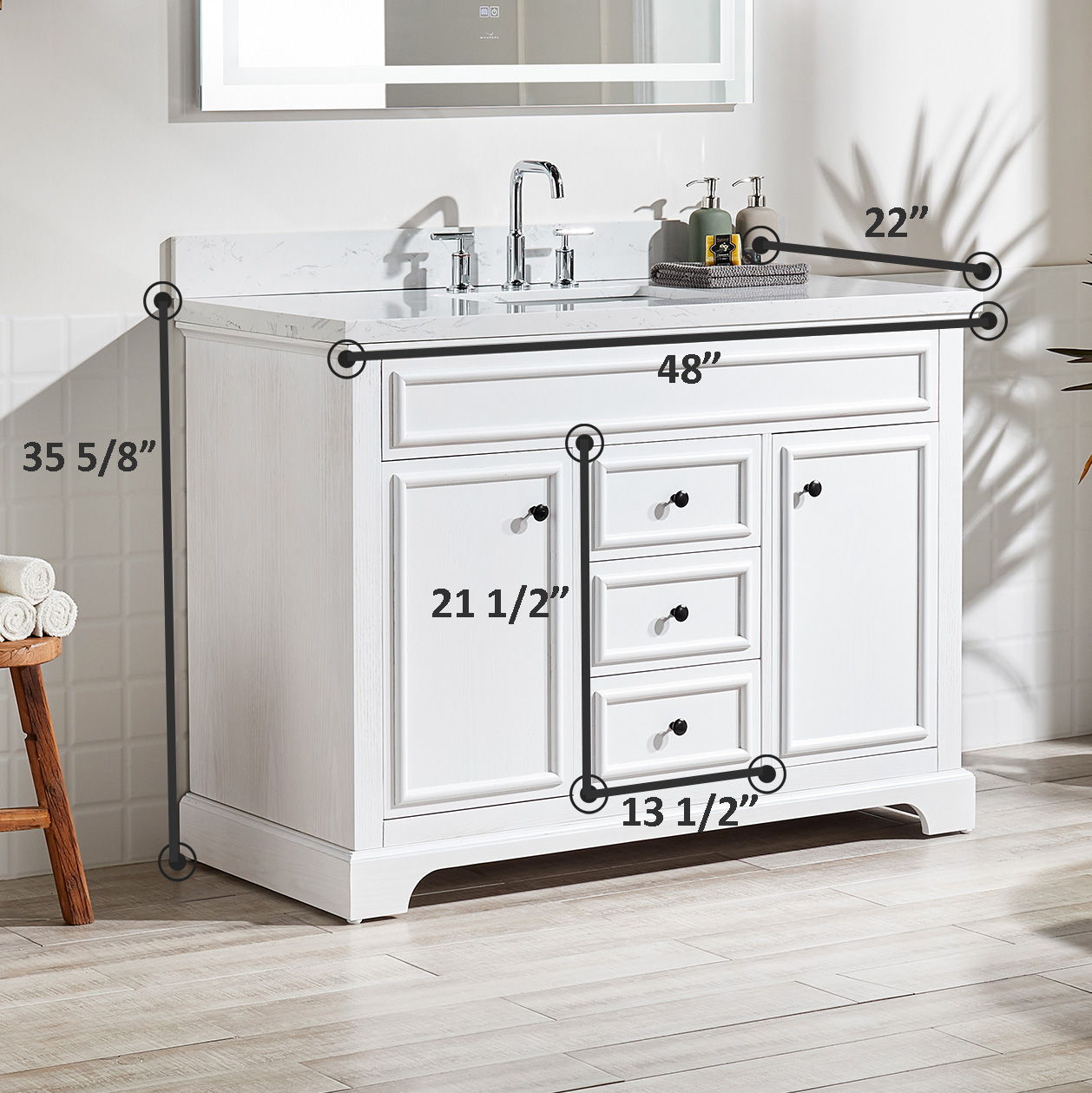 Freestanding Single Bathroom Vanity & Marble Top - White