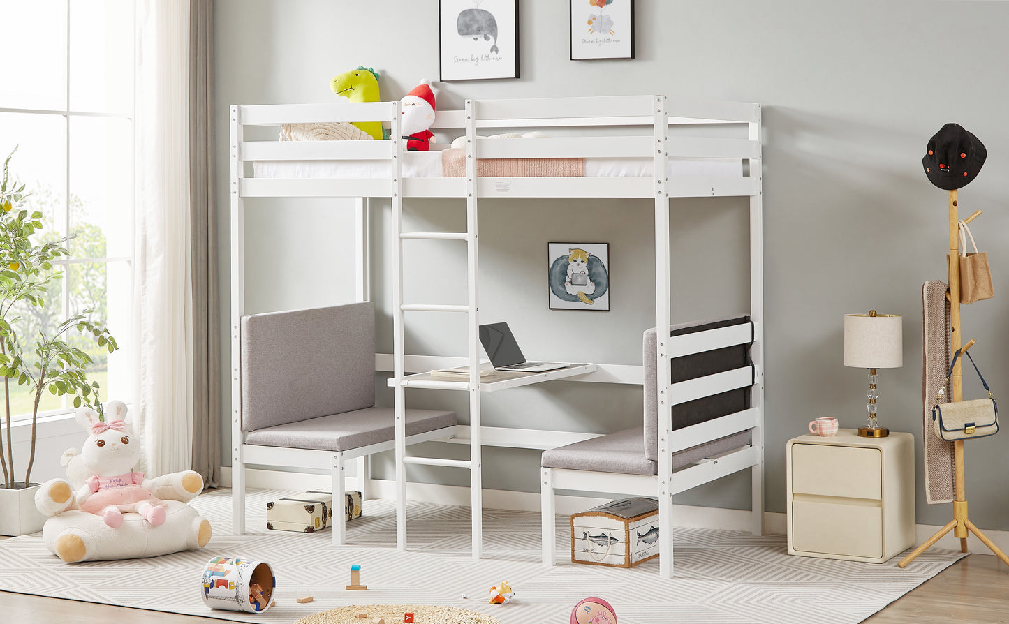 Twin Over Twin Bunk Beds Can Be Turn Into Upper Bed And Down Desk, Cushion Sets Are Free - White