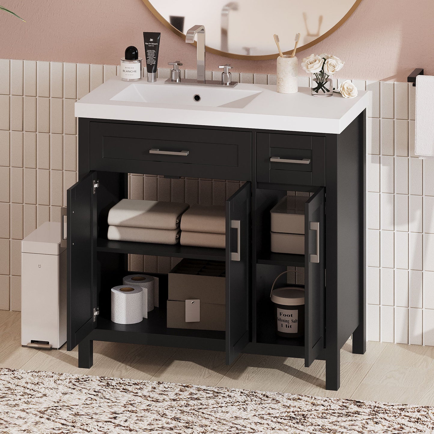 Bathroom Vanity Cabinet With Resin Integrated Sink - 2 Drawers, 3 Doors