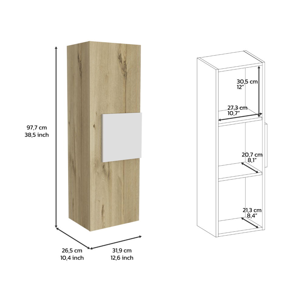 Medicine Single Door Cabinet, Three Shelves - Light Oak / White