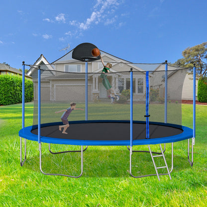 14Ft Trampoline For Adults & Kids With Basketball Hoop, Outdoor Trampolines With Ladder And Safety Enclosure Net For Kids And Adults, Double-Side Color Cover - Blue