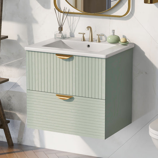 Modern Wall-Mounted Bathroom Vanity With 2 Drawers, Ideal For Small Bathrooms - Green