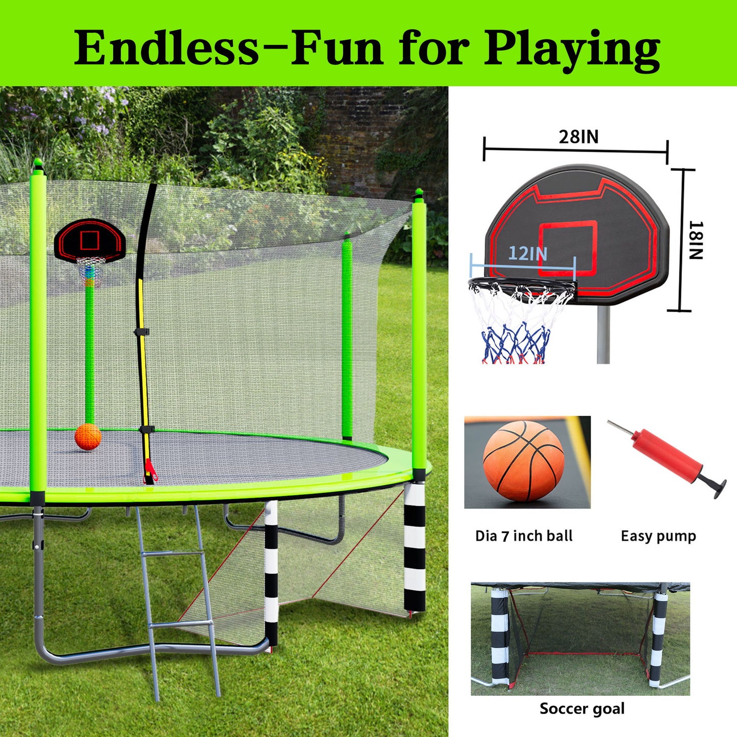 16Ft Trampoline With Basketball Hoop Pump And Ladder (Inner Safety Enclosure) With Soccer Goal