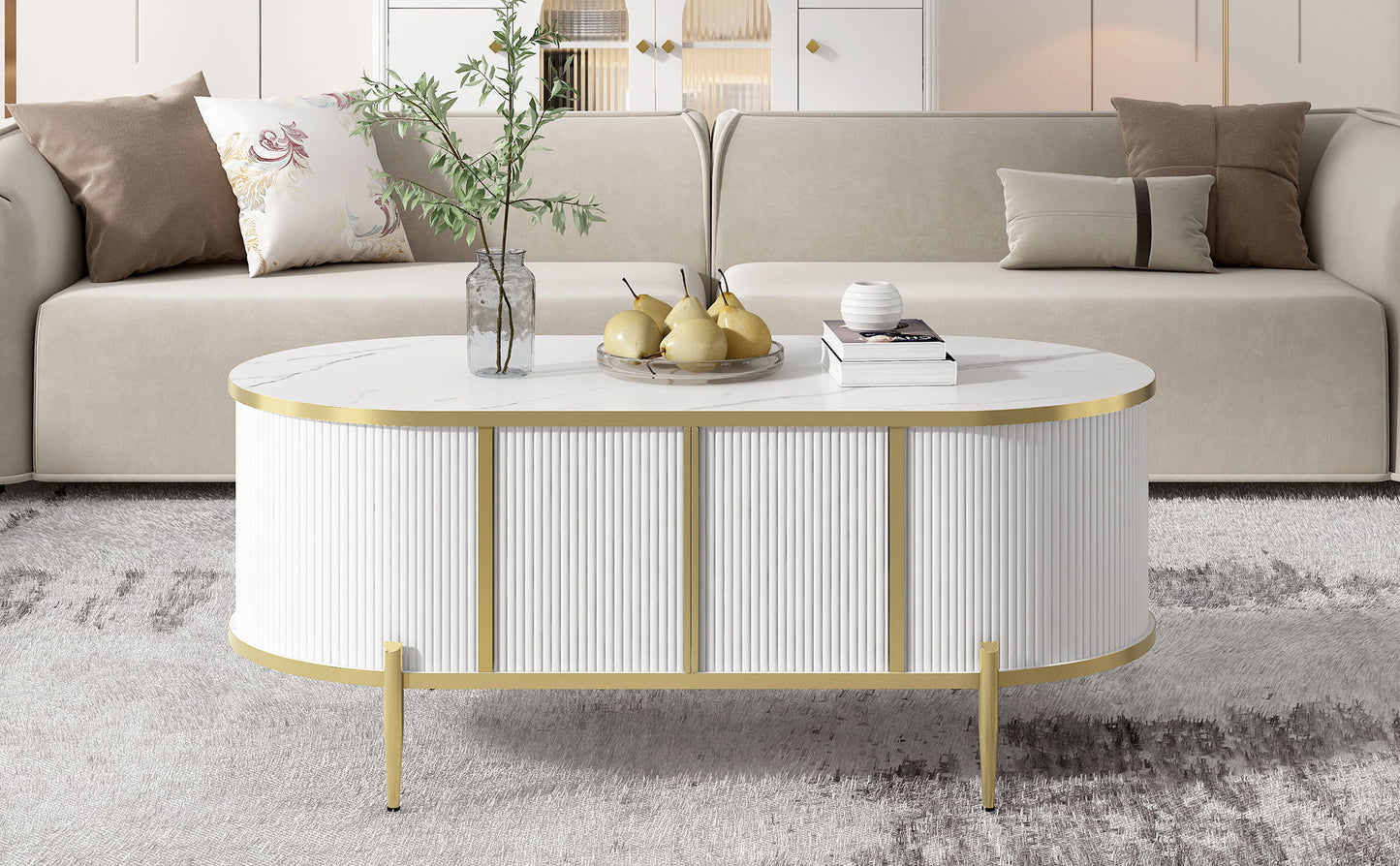 Modern Luxury Oval Shaped Fluted Coffee Table, Marble - Patterned Top Coffee Table With 2 Cabinets, Metal Legs And Handles For Living Room