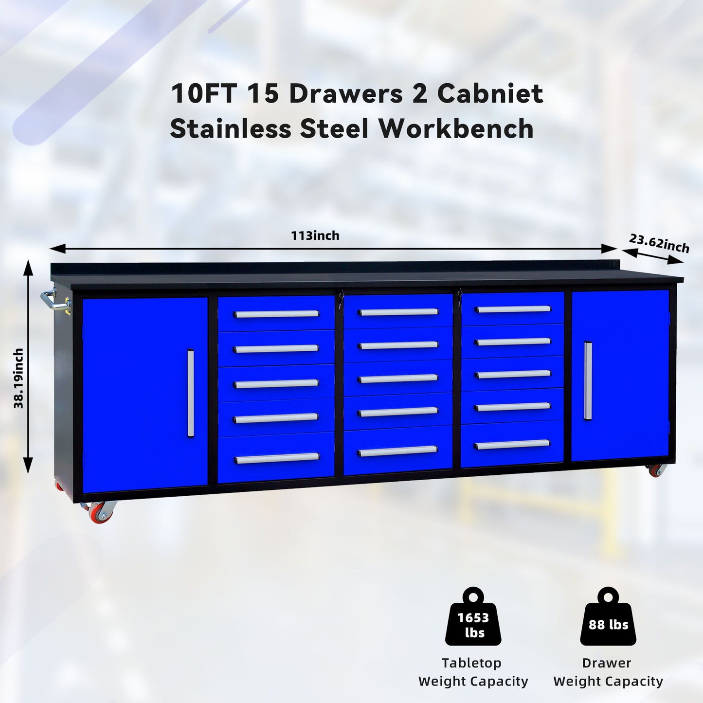 Storage Cabinet With Work Bench (15 Drawers & 2 Cabinets) - Blue