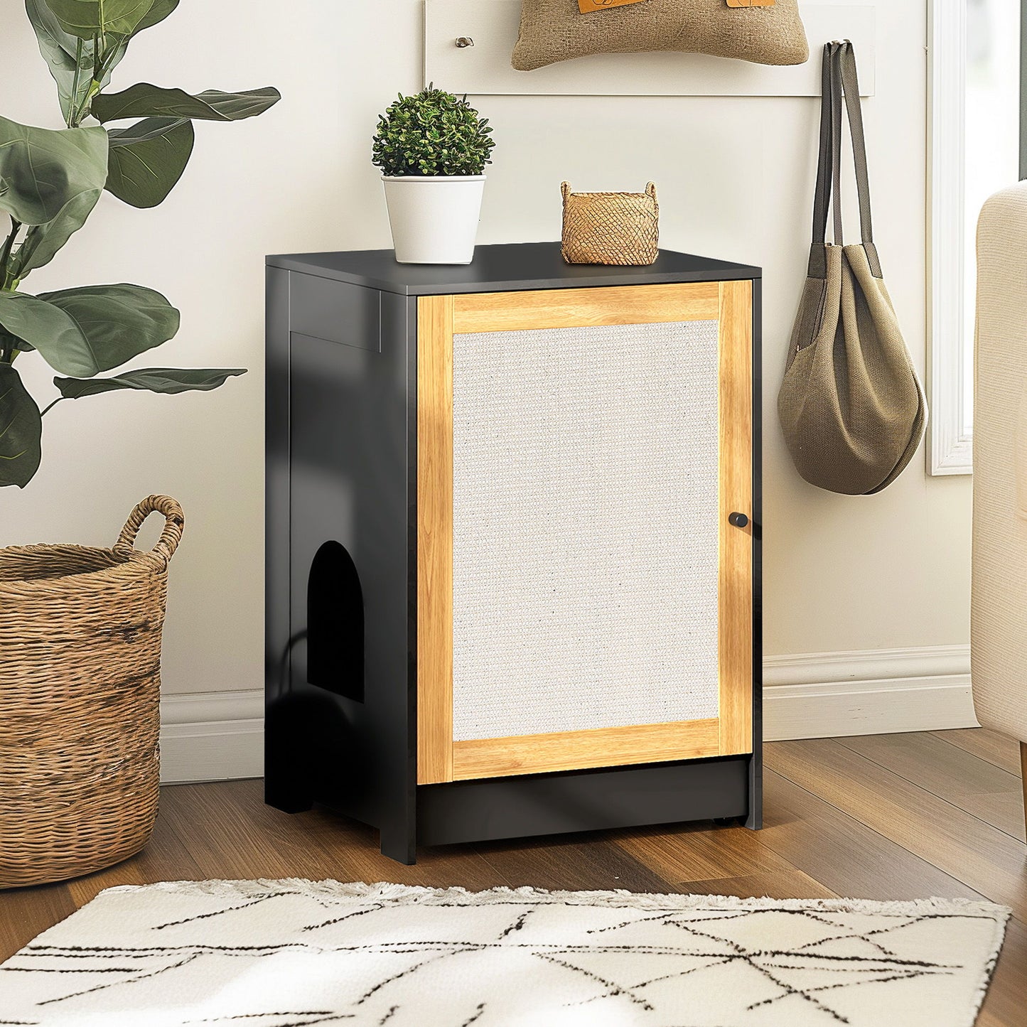 Cat Litter Box Enclosure, Hidden Cat Washroom, Kitty End Table, Litter Cabinet With Sisal Door - Black