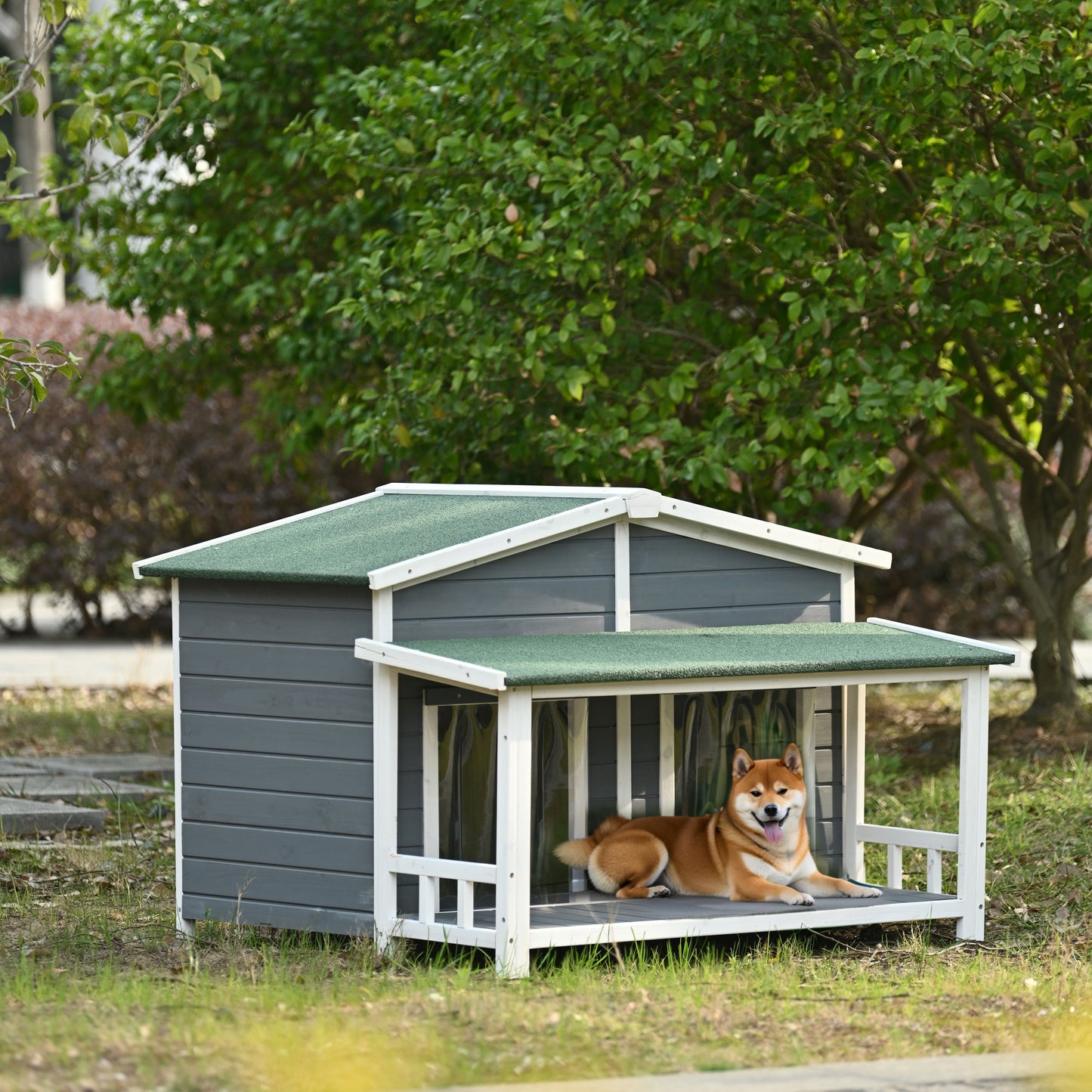 Large Wooden Dog House Outdoor / Indoor Dog Crate, Cabin Style, With Porch, 2 Doors