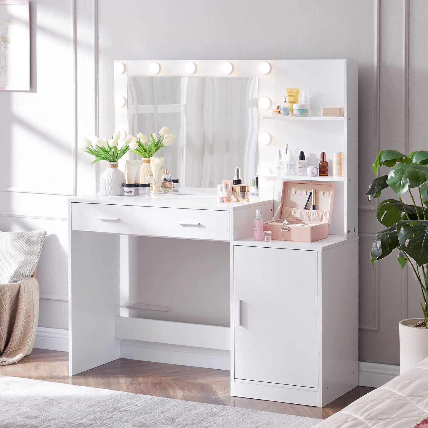 Vanity Desk With Mirror And Lights, 46.4In Dressing Table With 2 Large Drawer & Large Vertical Organizer, 3 Level Dresser & 3 Lighting Modes Adjustable Brightness, Suitable For Bedroom