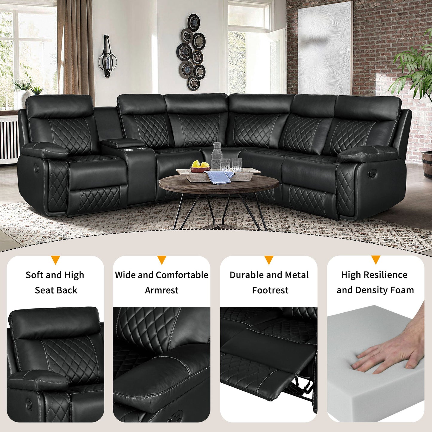 Home Theater Seating Manual Recliner With Cup Holder, Hide - Away Storage PU Reclining Sofa For Living Room, Home Theater