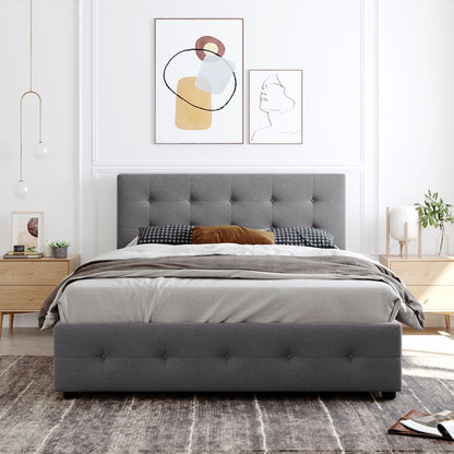 Upholstered Platform Bed With Classic Headboard And 4 Drawers, No Box Spring Needed