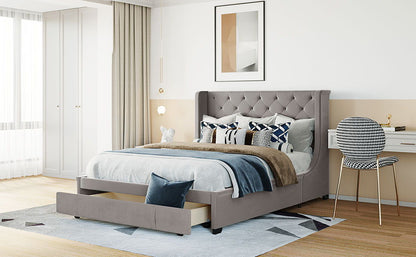 Queen Size Storage Bed Velvet Upholstered Platform Bed With Wingback Headboard And A Big Drawer