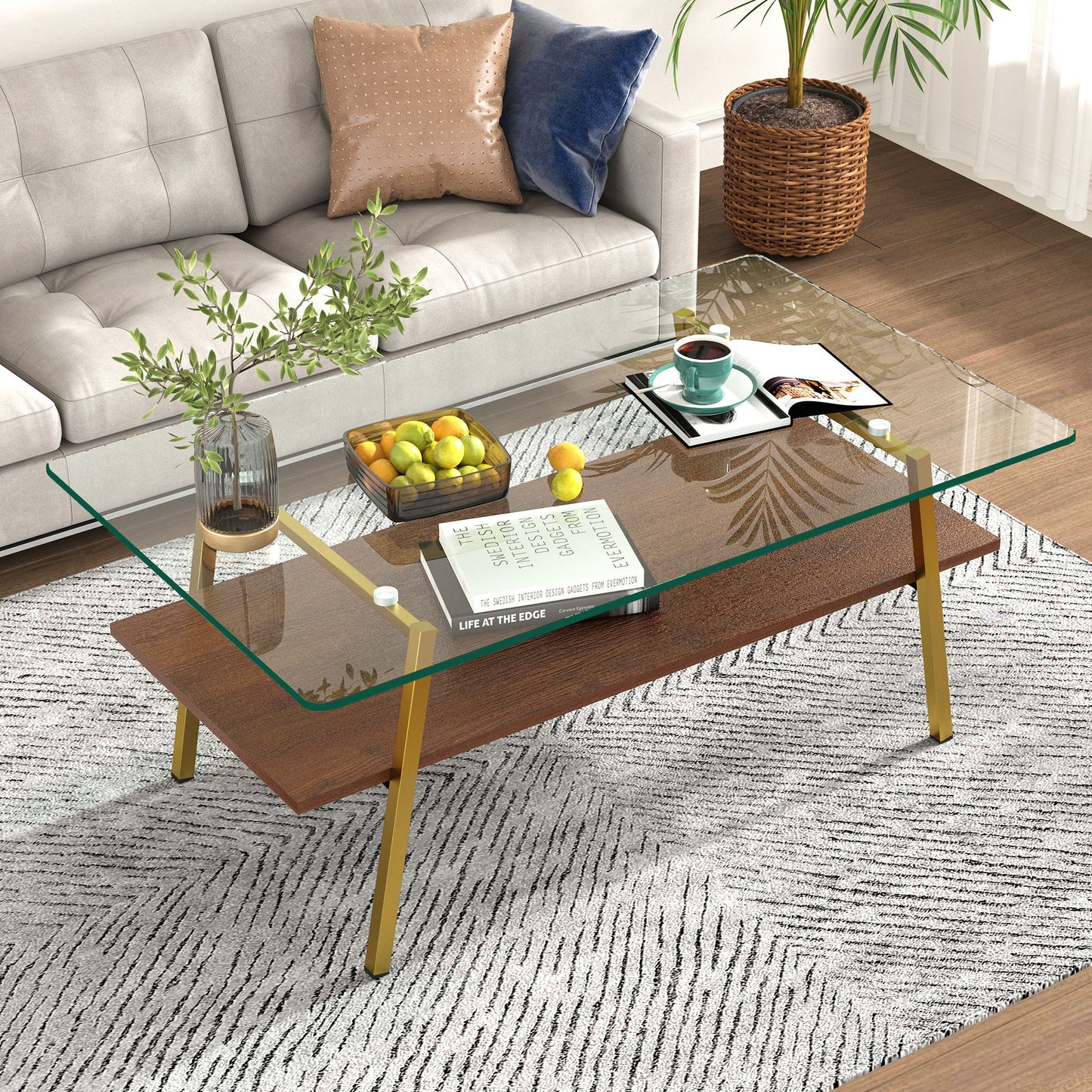 Rectangle Coffee Table, Tempered Glass Tabletop With Metal Legs, Modern Table For Living Room