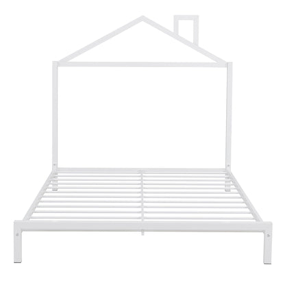 Full Size Metal Platform Bed With House-Shaped Headboard Design