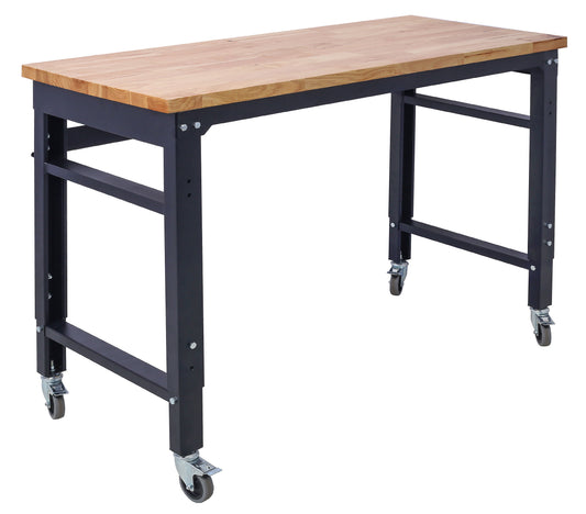 Wide Rolling Workbench For Garage, Adjustable Height, Workshop Tool Bench, Metal With Rubber Wood Top