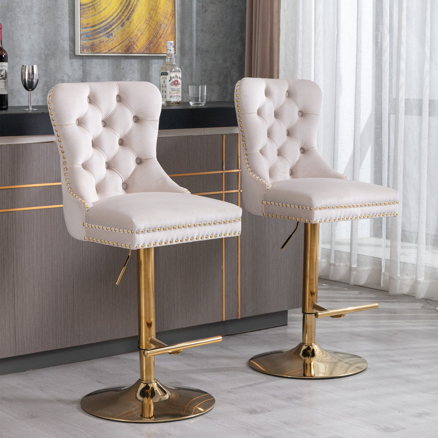 Thick Golden Swivel Velvet Barstools Adjusatble Seat Height From 25-33", Modern Upholstered Bar Stools With Backs Comfortable Tufted For Home Pub And Kitchen Island (Set of 2)