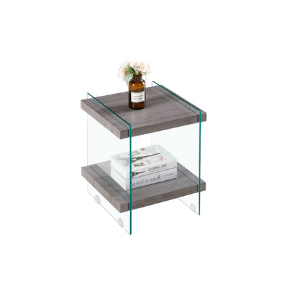 Sleek And Sturdy Tempered Glass Leg Side Table With Dual MDF Shelves, Modern Nightstand End Table For Living Roon, Bedroom - Transparent / Gray