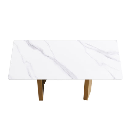 70.87" Modern Artificial Stone Straight Edge Golden Metal Leg Dining Table, Can Accommodate 6-8 People - White / Gold