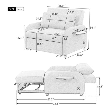 Pull Out Sofa Sleeper 3 In 1 With 2 Wing Table And USB Charge For Nap Line Fabric For Living Room Recreation Room