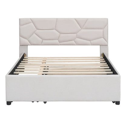 Full Size Upholstered Platform Bed With Brick Pattern Headboard, With Twin Size Trundle And 2 Drawers, Linen