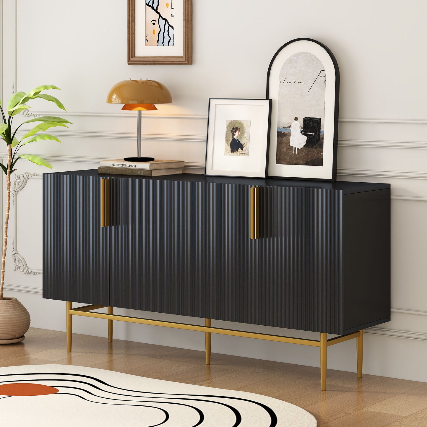 Modern Elegant 4 Door Sideboard Gold Metal Handle Buffet Cabinet For Dining Room, Living Room, Bedroom, Hallway