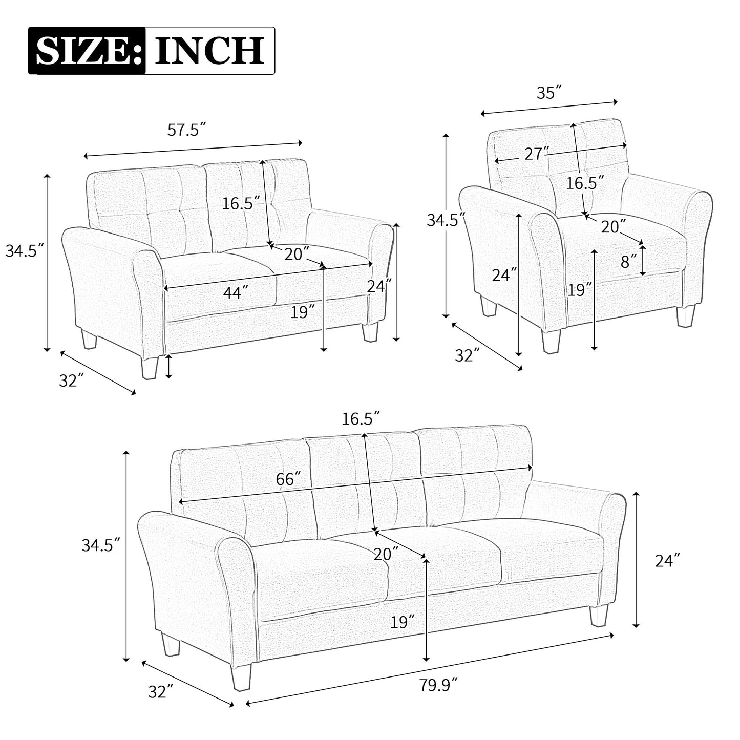 Modern Living Room Sofa Set Linen Upholstered Couch Furniture For Home Office