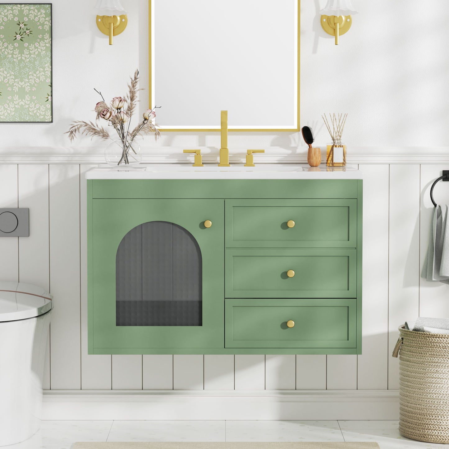 Elegant Floating Bathroom Vanity Sink And Cabinet Combo 1 Door And 2 Drawers - Green